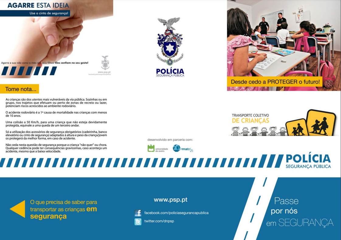 Capa do Ebook/Flyer informativo da PSP sobre Transporte Coletivo de Crianças (TCC), com foco na segurança rodoviária e legislação.