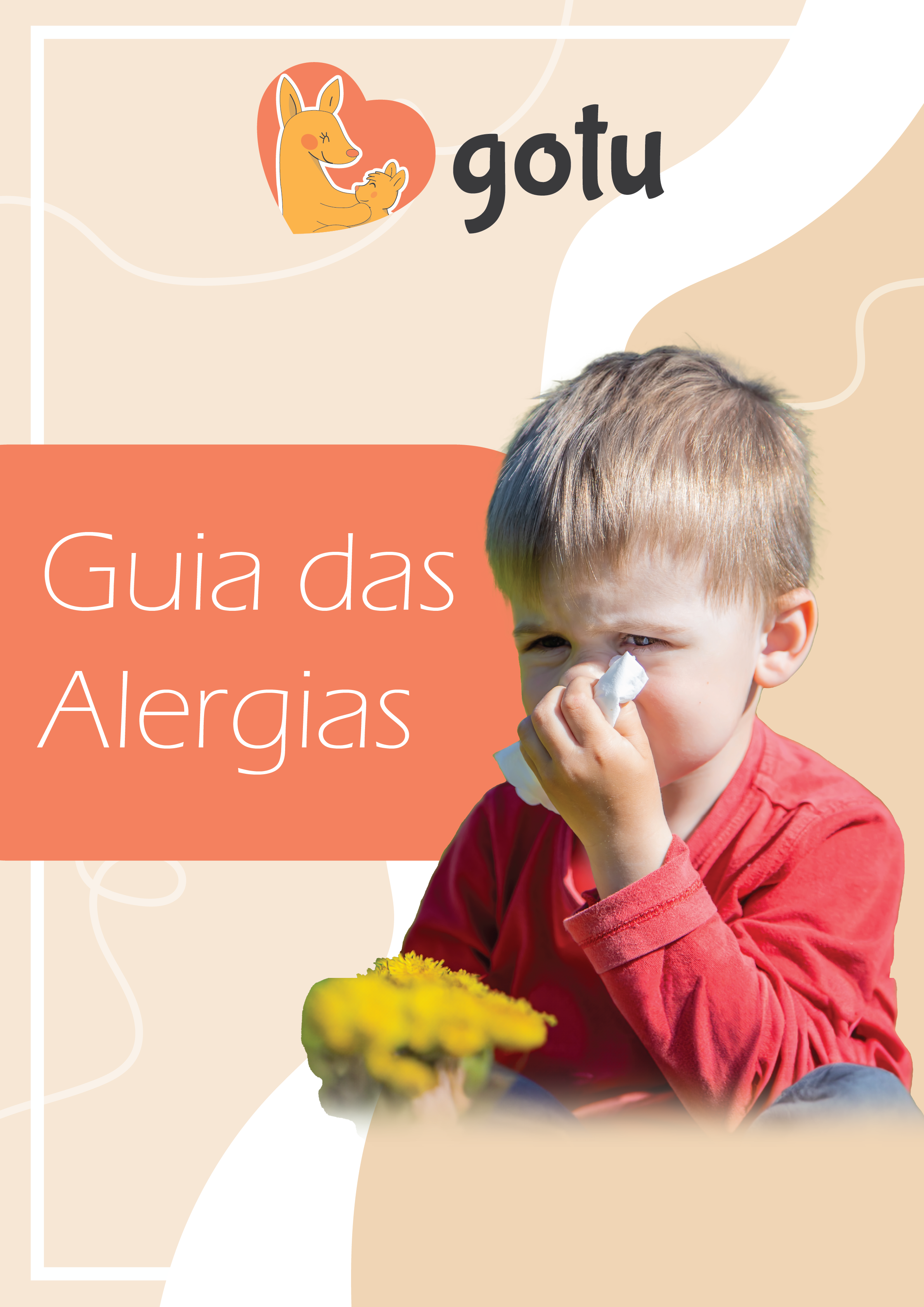 Capa do Ebook "Guia das Alergias" da Gotu, com ilustrações de pólen, insetos e alimentos, focando na informação sobre o sistema imunitário.