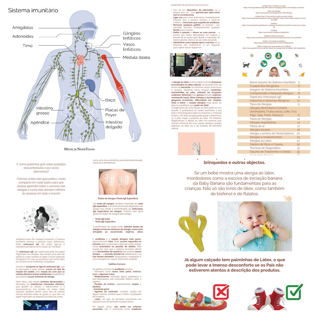 Imagem de detalhe do Ebook, mostrando secções sobre sintomas comuns de alergias, como espirros e olhos vermelhos, em layout limpo.