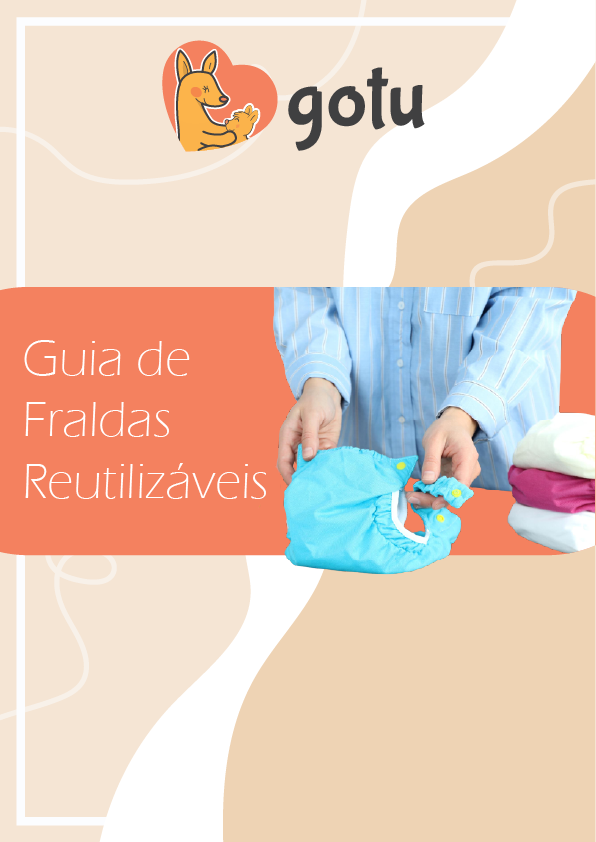 Capa do Ebook "Guia de Fraldas Reutilizáveis" da Gotu, com ilustração de uma fralda de pano colorida e texto promocional.