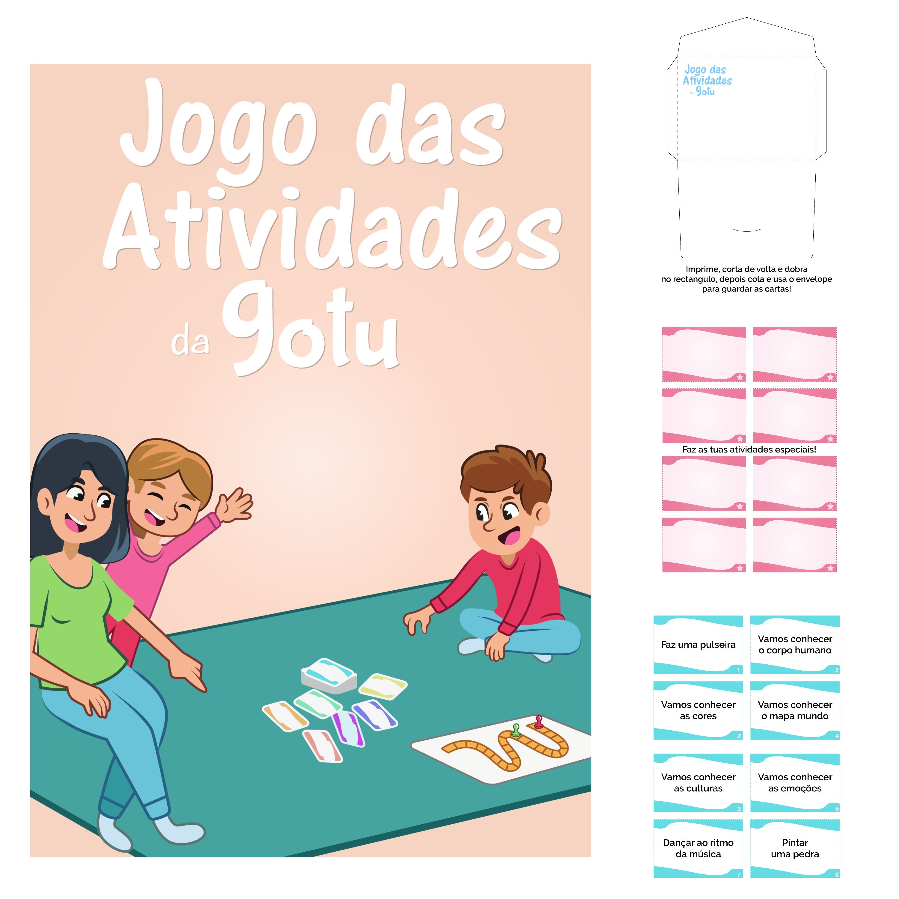Capa do Ebook "Jogo das Atividades" da Gotu, mostrando cartões coloridos com ícones de atividades como jardinagem e yoga.