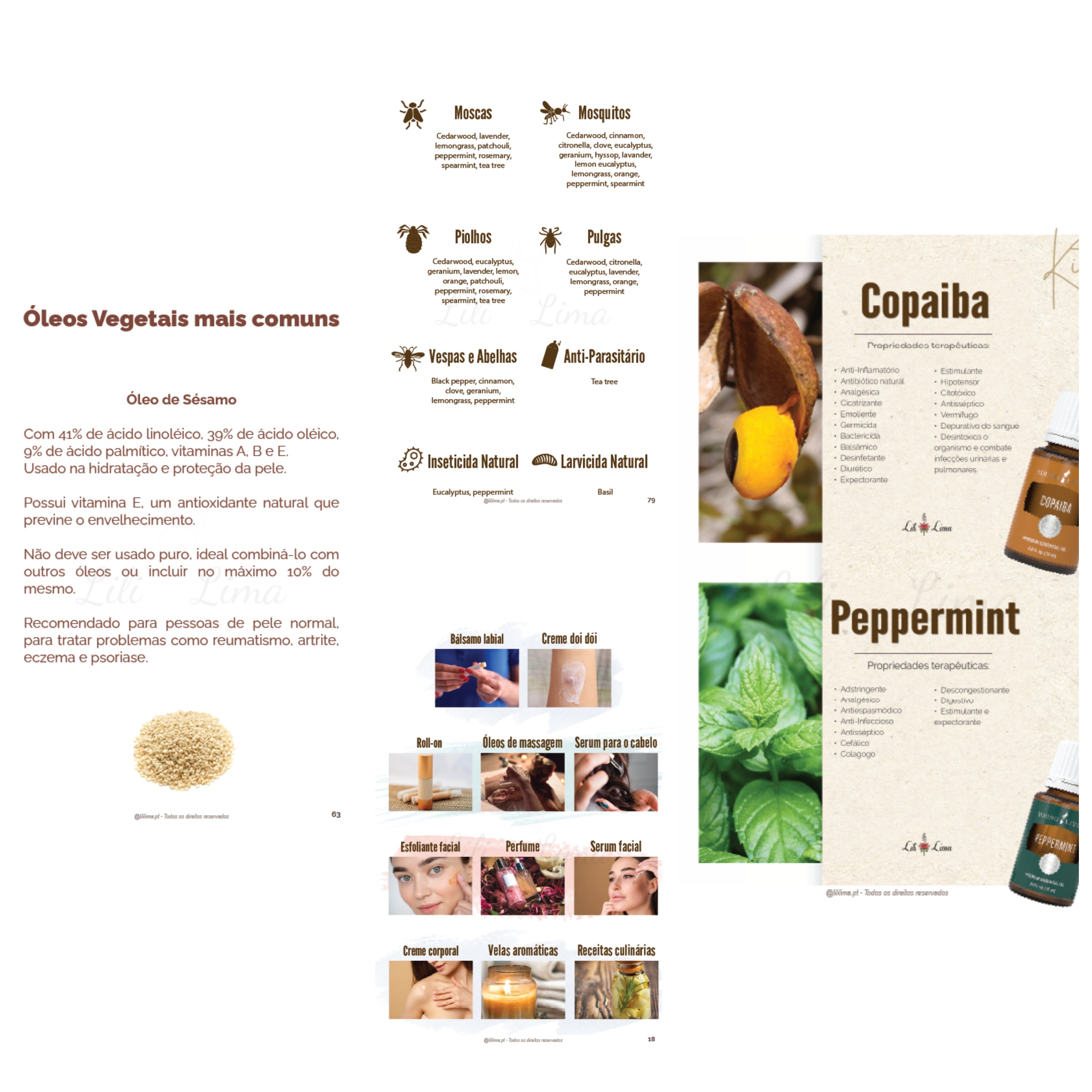 Página interior do Ebook "Manual do Aromaterapeuta" com tabela de óleos vegetais comuns, usos contra insetos e detalhes sobre os óleos Copaiba e Peppermint.