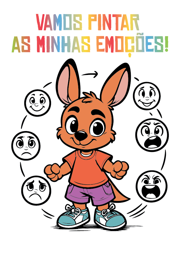 Capa do ebook "Vamos Pintar as Minhas Emoções!" com um canguru sorridente rodeado por balões com expressões faciais de alegria, tristeza, raiva e surpresa.
