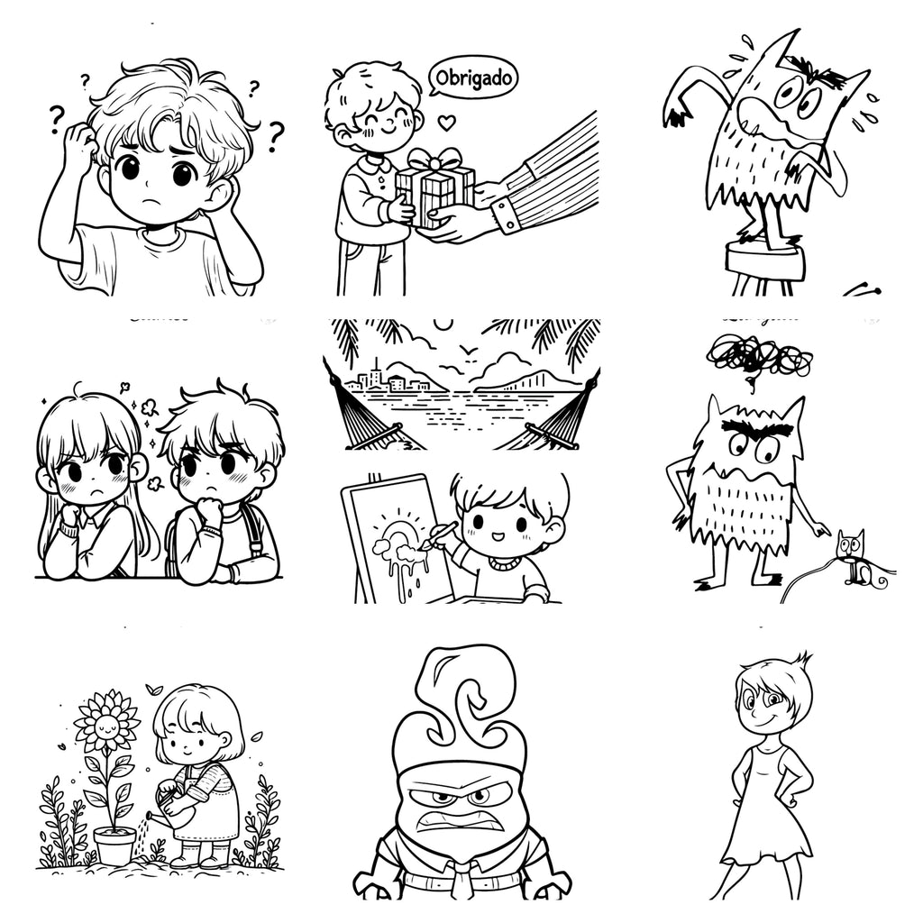 Colagem de várias ilustrações a preto e branco para colorir, mostrando crianças e personagens a expressar confusão, alegria (oferta), raiva e relaxamento (praia).