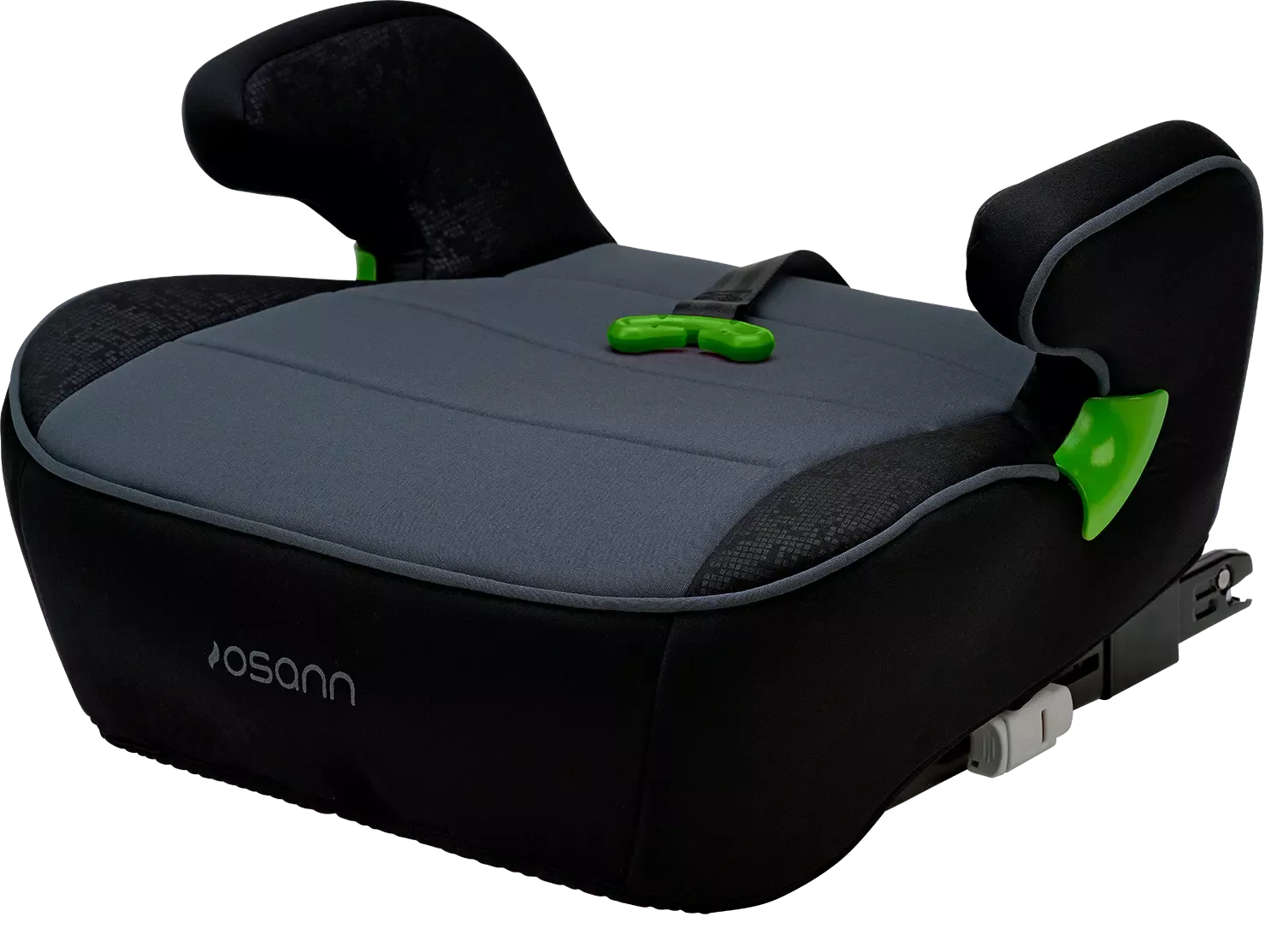 Vista lateral esquerda da cadeira auto Osann Junior Isofix Gurtfix i-Size, evidenciando o mecanismo de fixação ISOFIX e os detalhes verdes no apoio de braços.