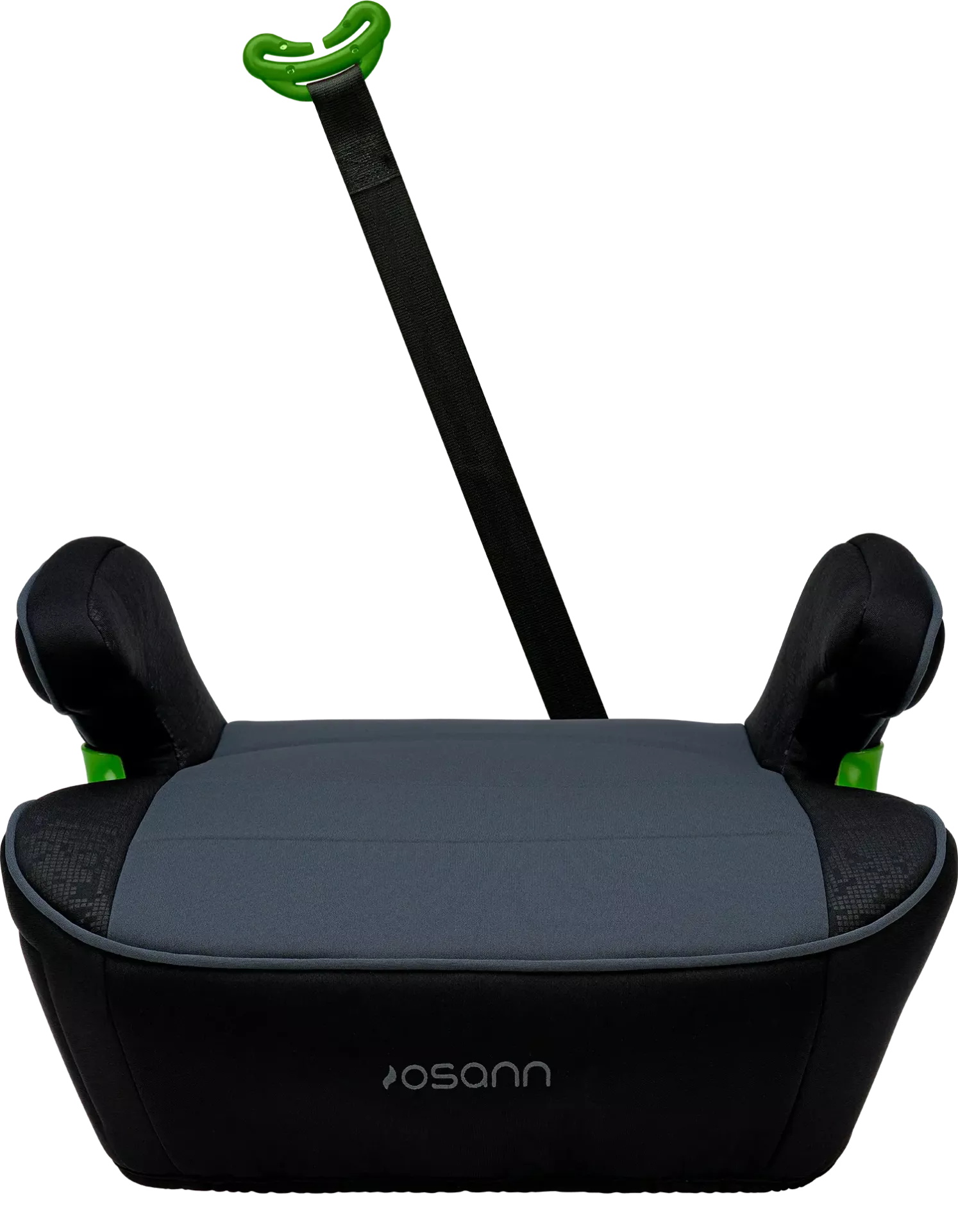 Vista frontal da cadeira auto Osann Junior Isofix Gurtfix i-Size com a barra de fixação ISOFIX estendida, apresentando a estrutura completa da cadeira e a facilidade de instalação.
