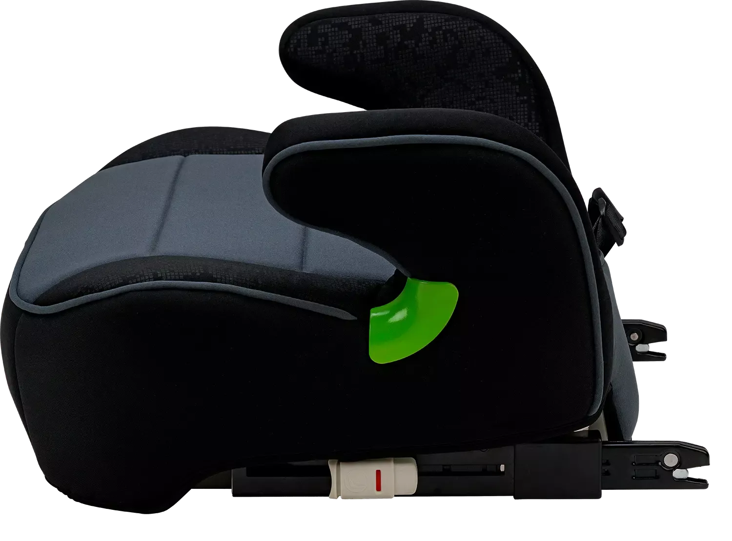 Vista lateral direita da cadeira auto Osann Junior Isofix Gurtfix i-Size, destacando o detalhe do apoio de braço verde e o mecanismo de fixação ISOFIX.