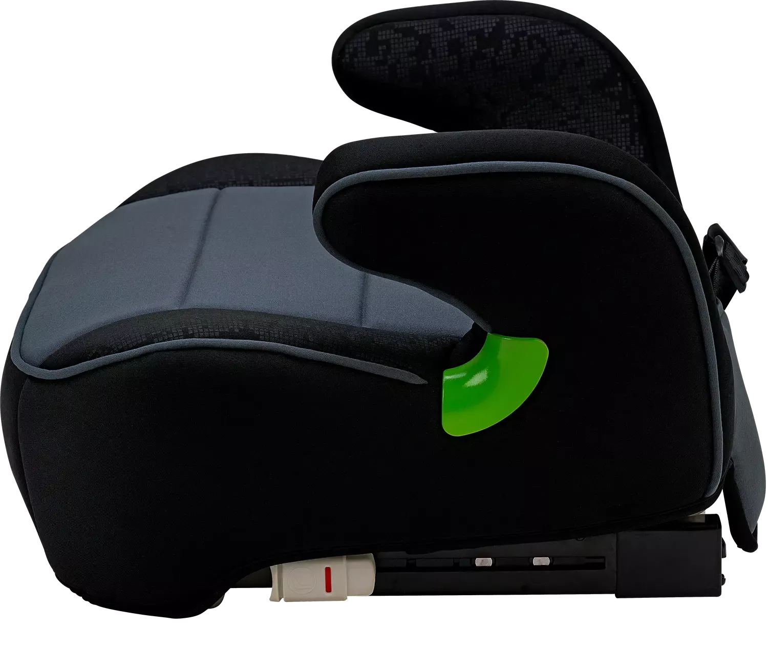 Vista posterior da cadeira auto Osann Junior Isofix Gurtfix i-Size, mostrando a parte traseira do assento e os detalhes de fixação, enfatizando a segurança e o design robusto.