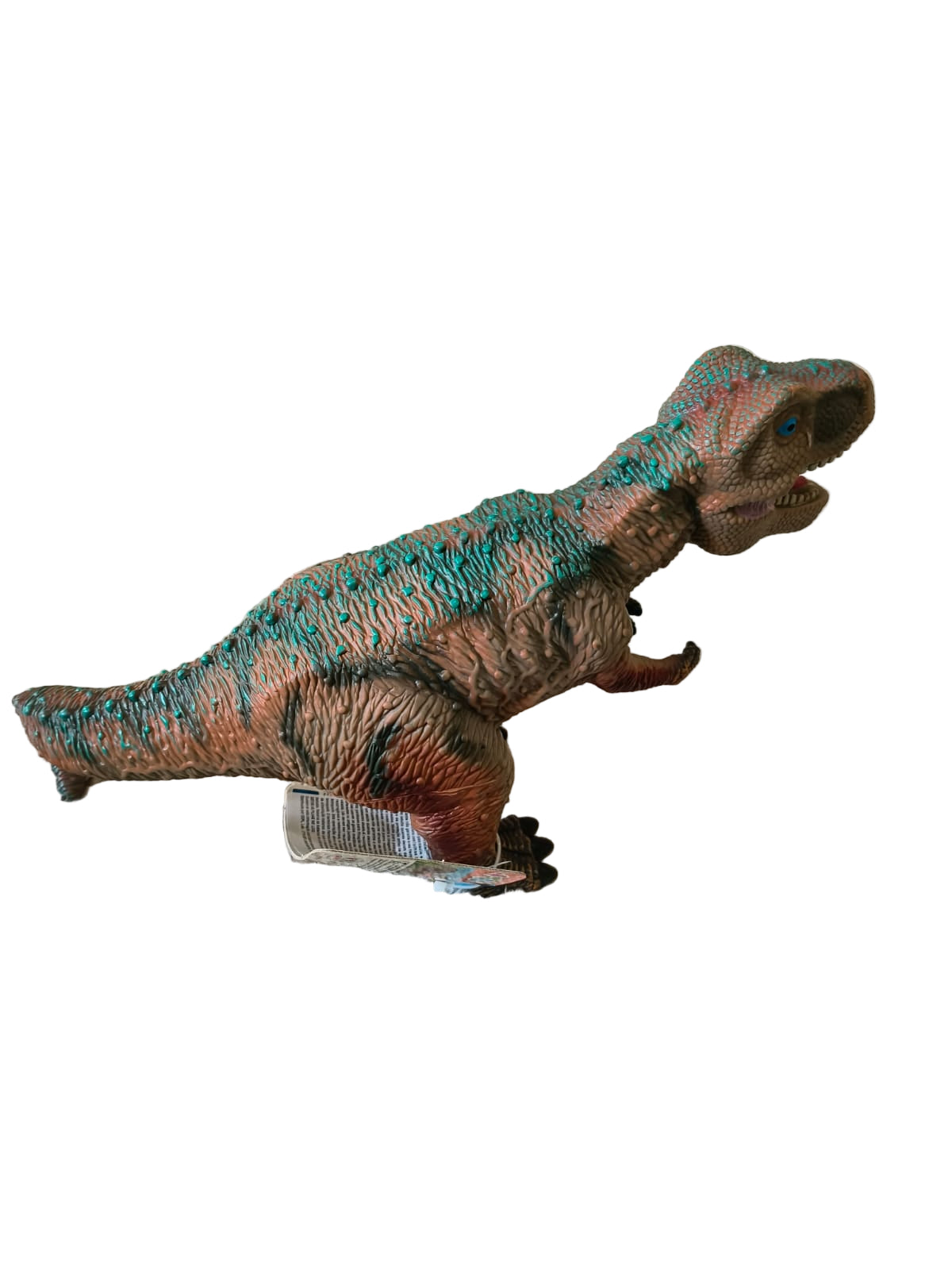 Detalhe de um dinossauro T-Rex WToy em tons de castanho e azul-esverdeado, com textura detalhada da pele, em fundo branco.