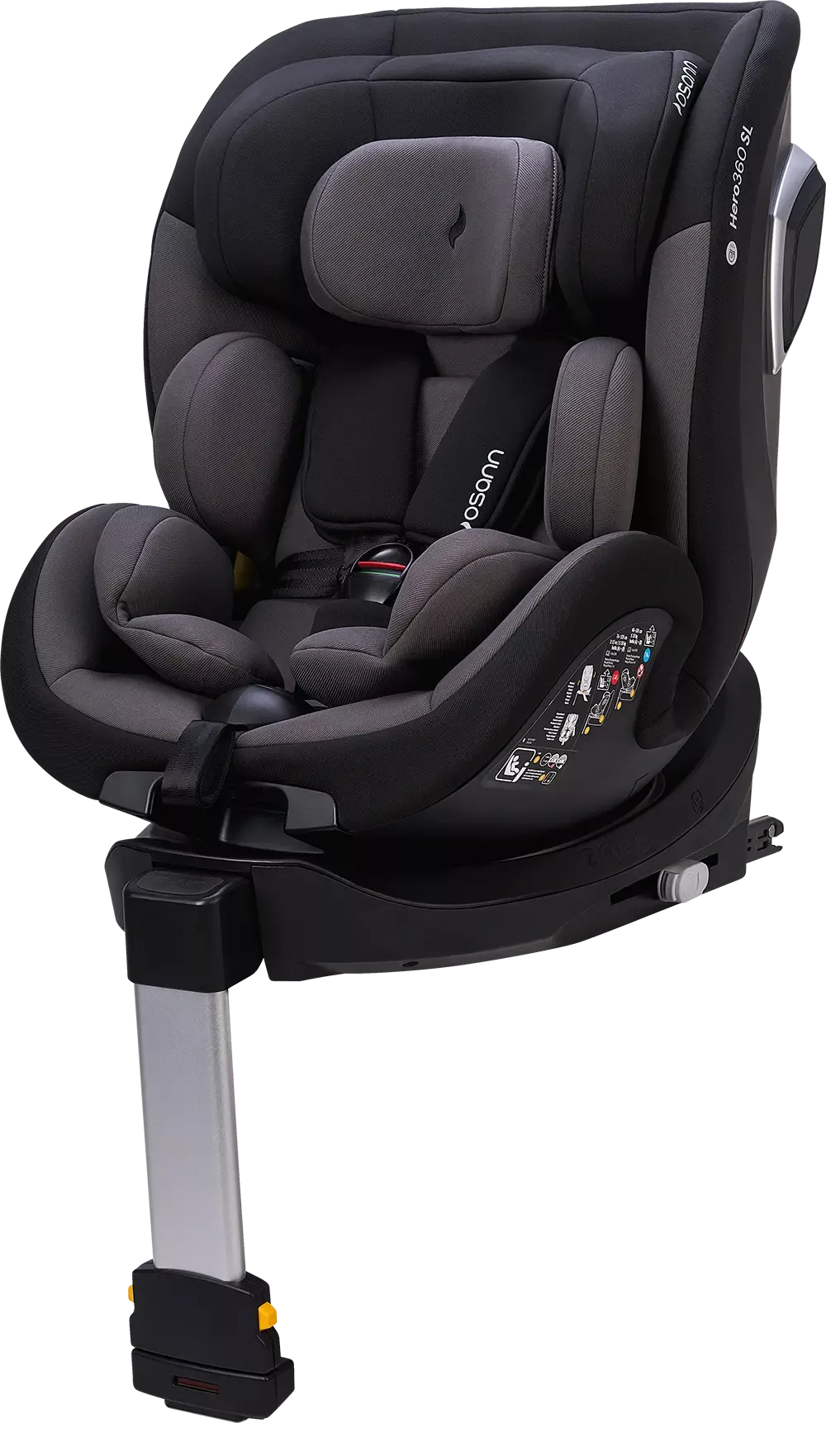 Cadeira auto Hero360 SL i-Size, cor preta, em posição frontal com perna de apoio estendida, destacando o acolchoamento ergonómico e o sistema de cinto de segurança de cinco pontos.