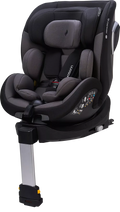 Cadeira auto Hero360 SL i-Size, cor preta, em posição frontal com perna de apoio estendida, destacando o acolchoamento ergonómico e o sistema de cinto de segurança de cinco pontos.