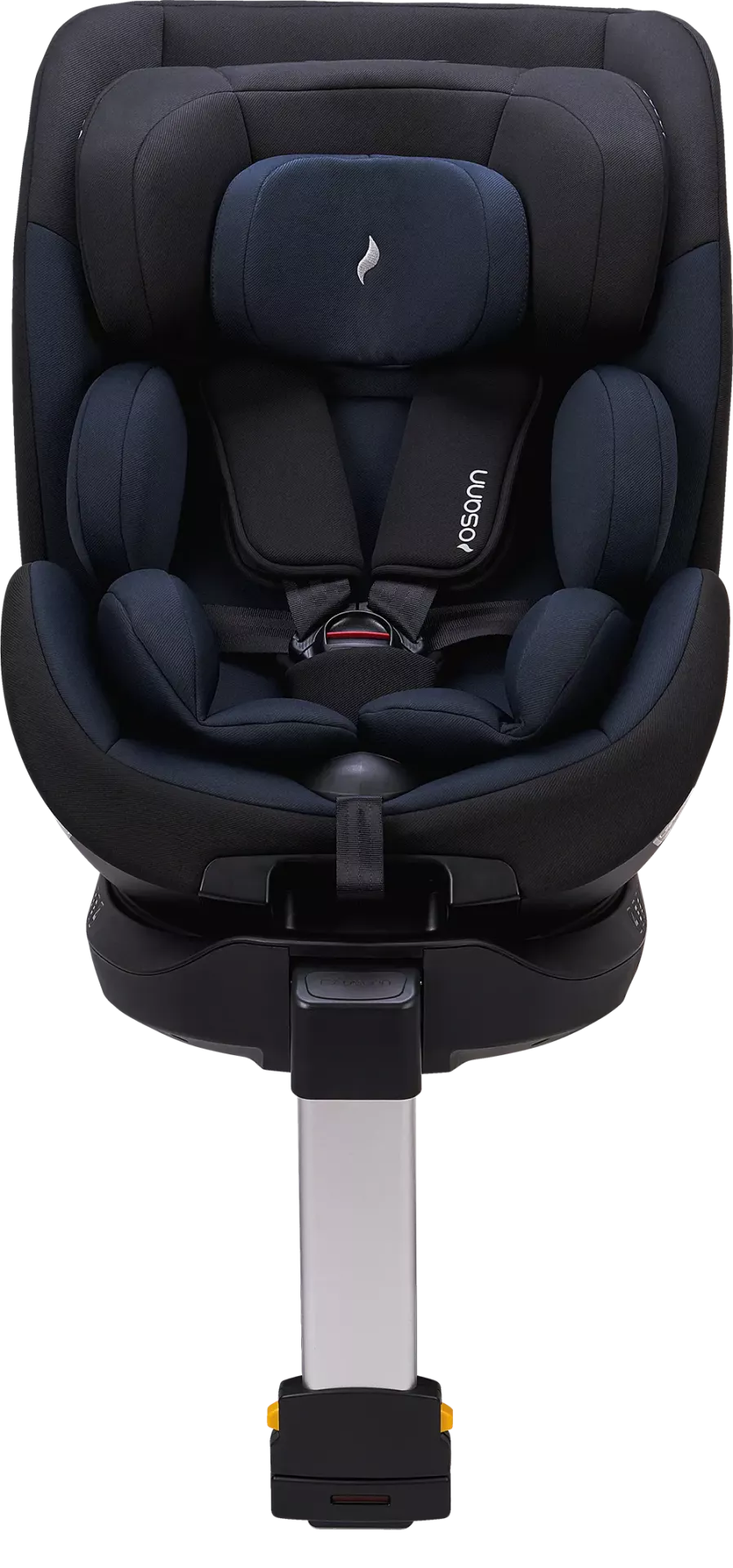 Vista frontal da cadeira auto Hero360 SL i-Size, destacando o apoio de cabeça ajustável e o sistema de cinto de segurança.