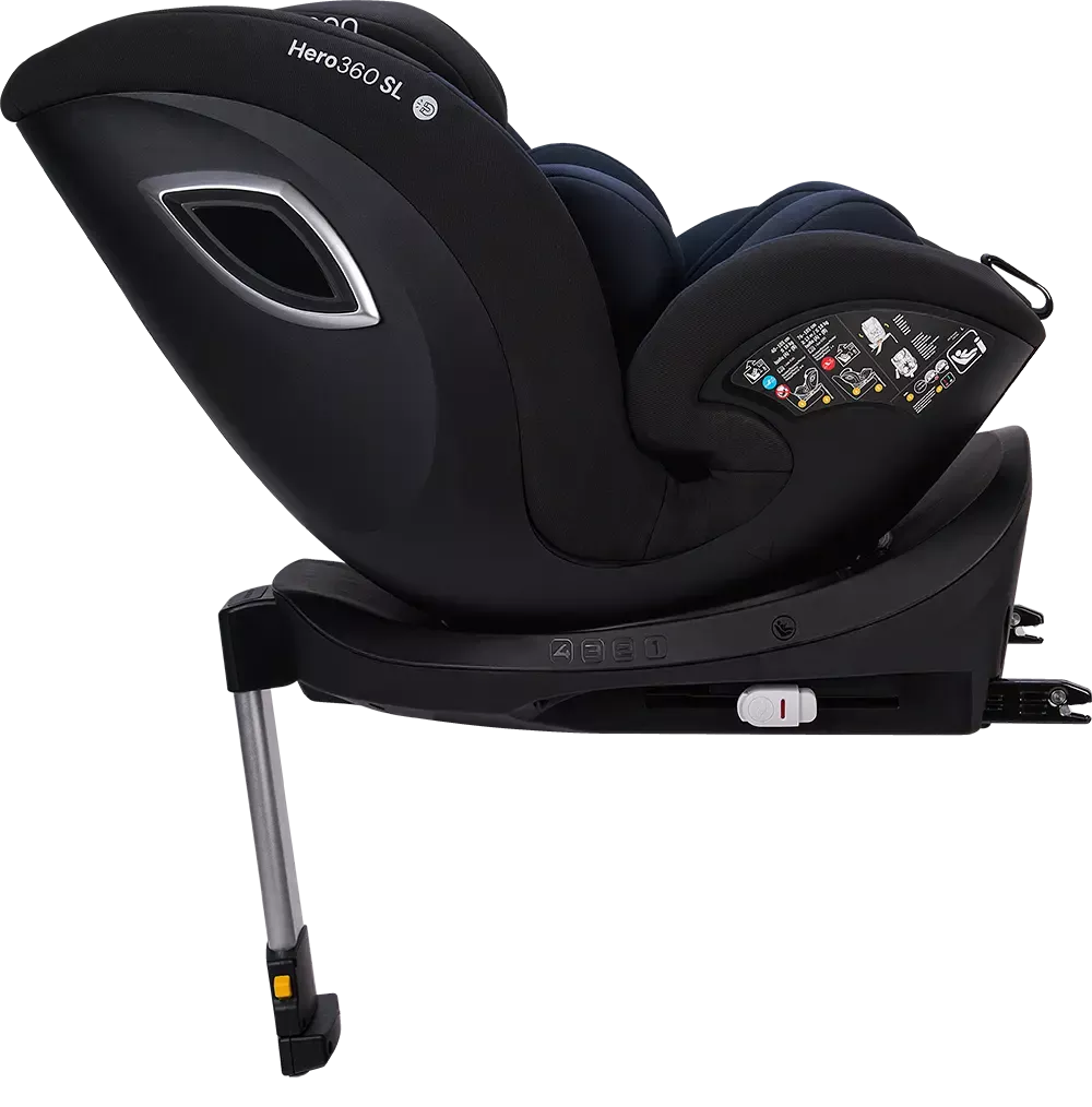 Vista lateral direita da cadeira auto Hero360 SL i-Size, mostrando o sistema de fixação ISOFIX e a perna de apoio.