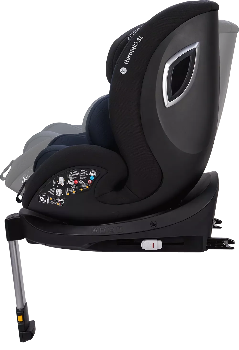 Vista lateral da cadeira auto Hero360 SL i-Size, mostrando o ângulo de reclinação máximo, com a perna de apoio estendida e o sistema de fixação ISOFIX.