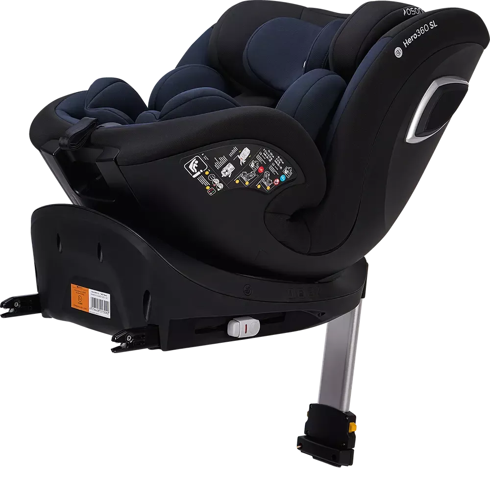 Vista lateral esquerda da cadeira auto Hero360 SL i-Size, apresentando o painel de controlo para ajuste de inclinação e a perna de apoio.