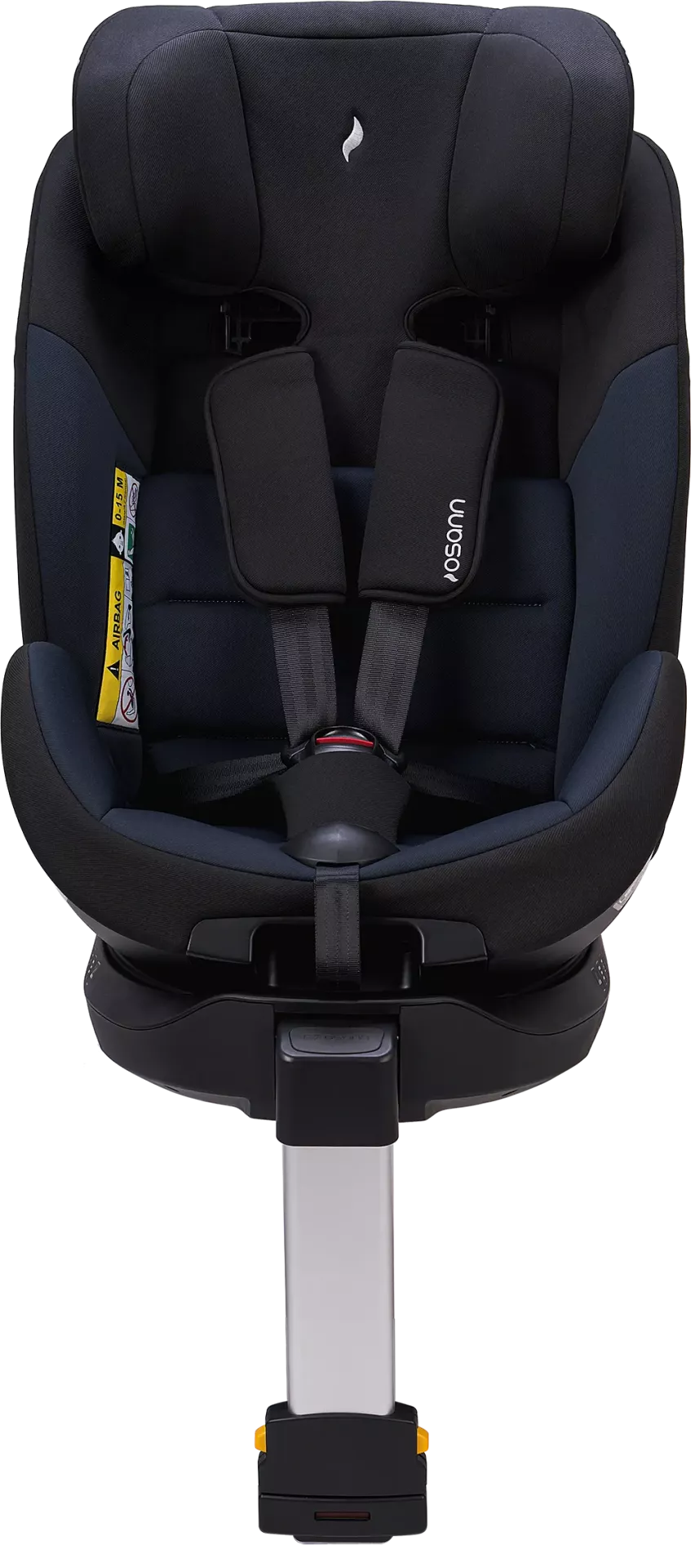 Cadeira auto Hero360 SL i-Size, cor preta, em posição frontal com perna de apoio estendida, destacando o acolchoamento ergonómico e o sistema de cinto de segurança de cinco pontos.