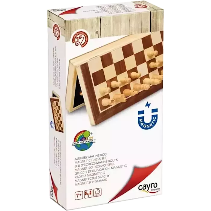 Embalagem do jogo de xadrez magnético Cayro, destacando o selo de 7+ anos e o ícone "Magnetic".