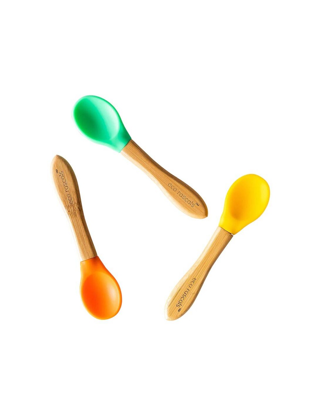 Detalhe da ponta de silicone macia e amovível da colher de bambu, segura para as gengivas dos bebés.