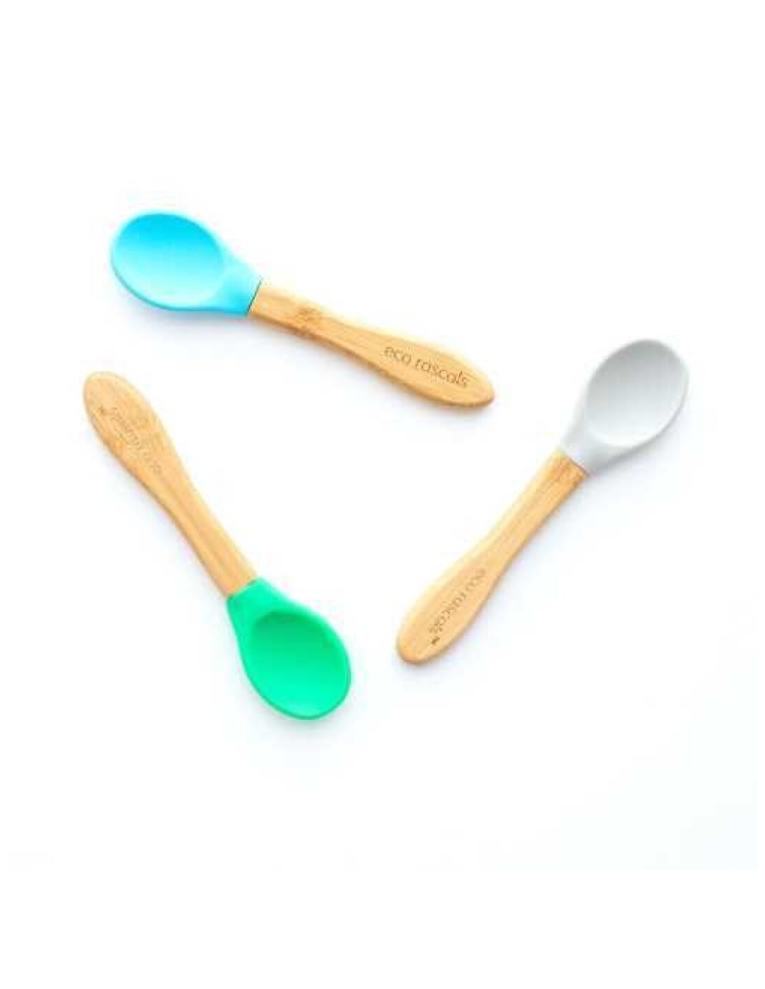 Conjunto de 3 colheres Eco Rascals com cabo de bambu orgânico e ponta de silicone amovível, ideais para bebés.