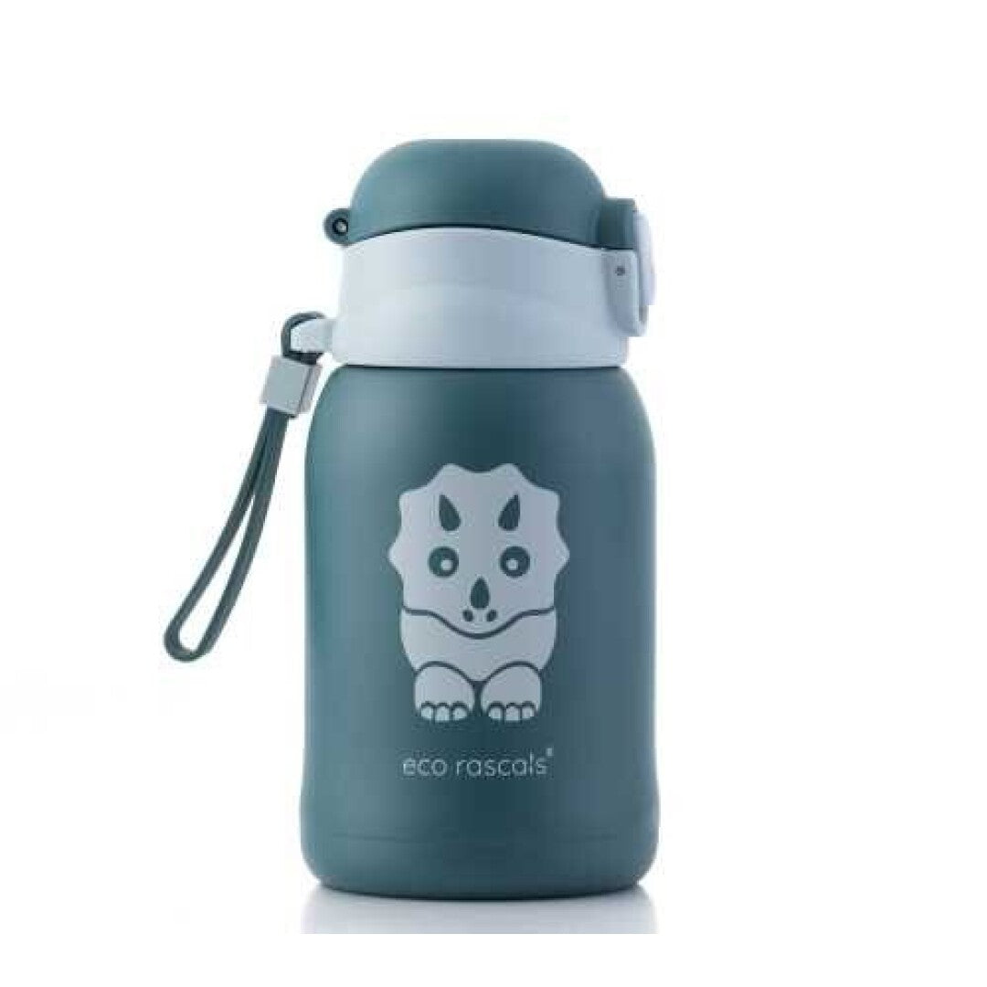 Garrafa térmica Eco Rascals Inox 480ml verde-azulada com estampa de triceratops branco e alça de transporte.