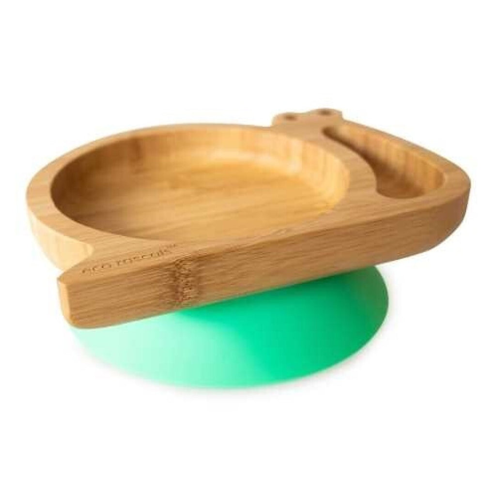 Prato infantil Eco Rascals de bambu em formato de caracol, com base de sucção azul-céu, ideal para refeições seguras.