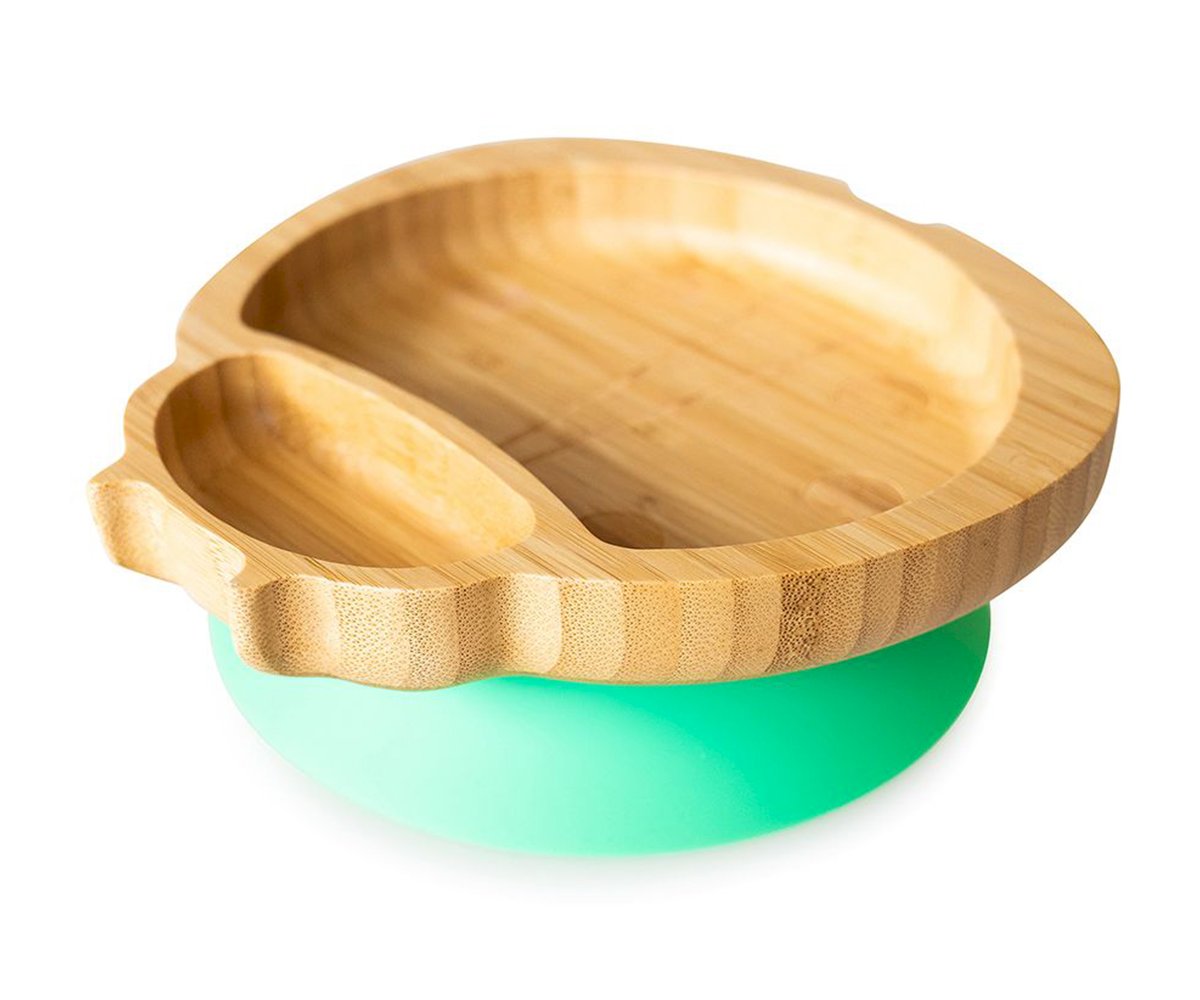 Prato infantil de bambu em formato de joaninha com base de sucção verde eco rascals