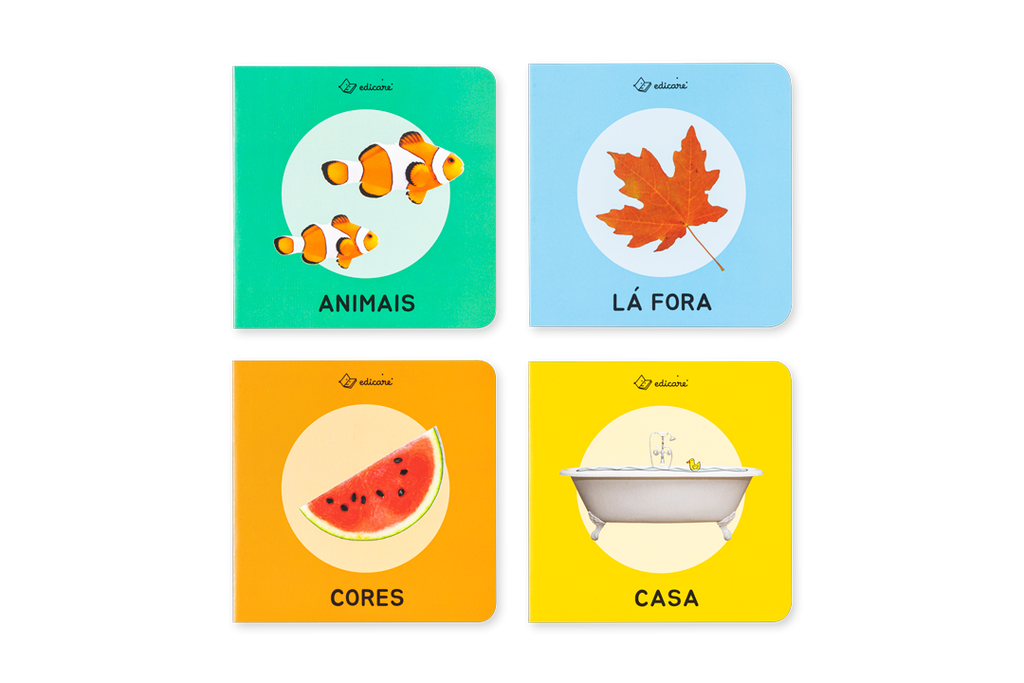 Capas coloridas dos livros infantis de alto contraste da Edicare para estimulação visual.