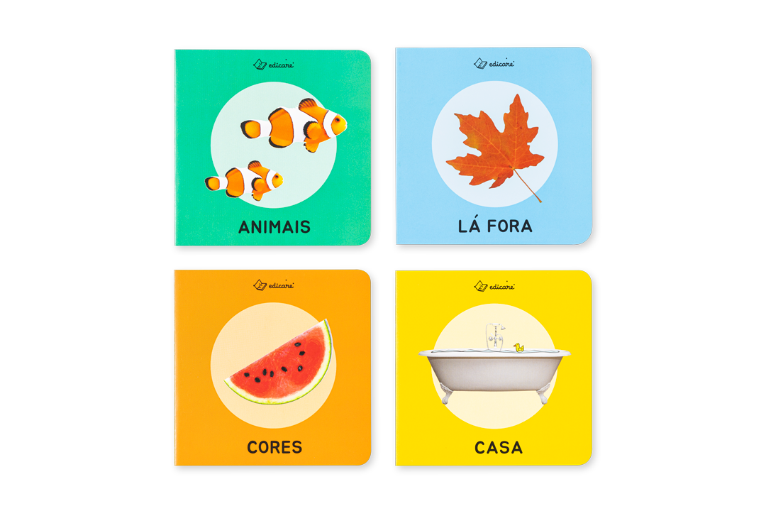 Capas coloridas dos livros infantis de alto contraste da Edicare para estimulação visual.