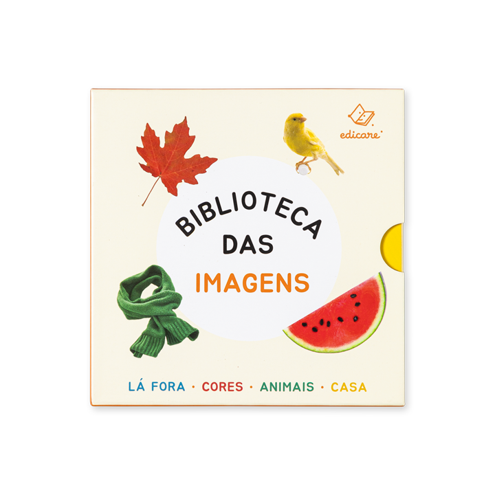 Caixa do conjunto Biblioteca das Imagens Edicare com ilustrações de melancia, pássaro e folha.