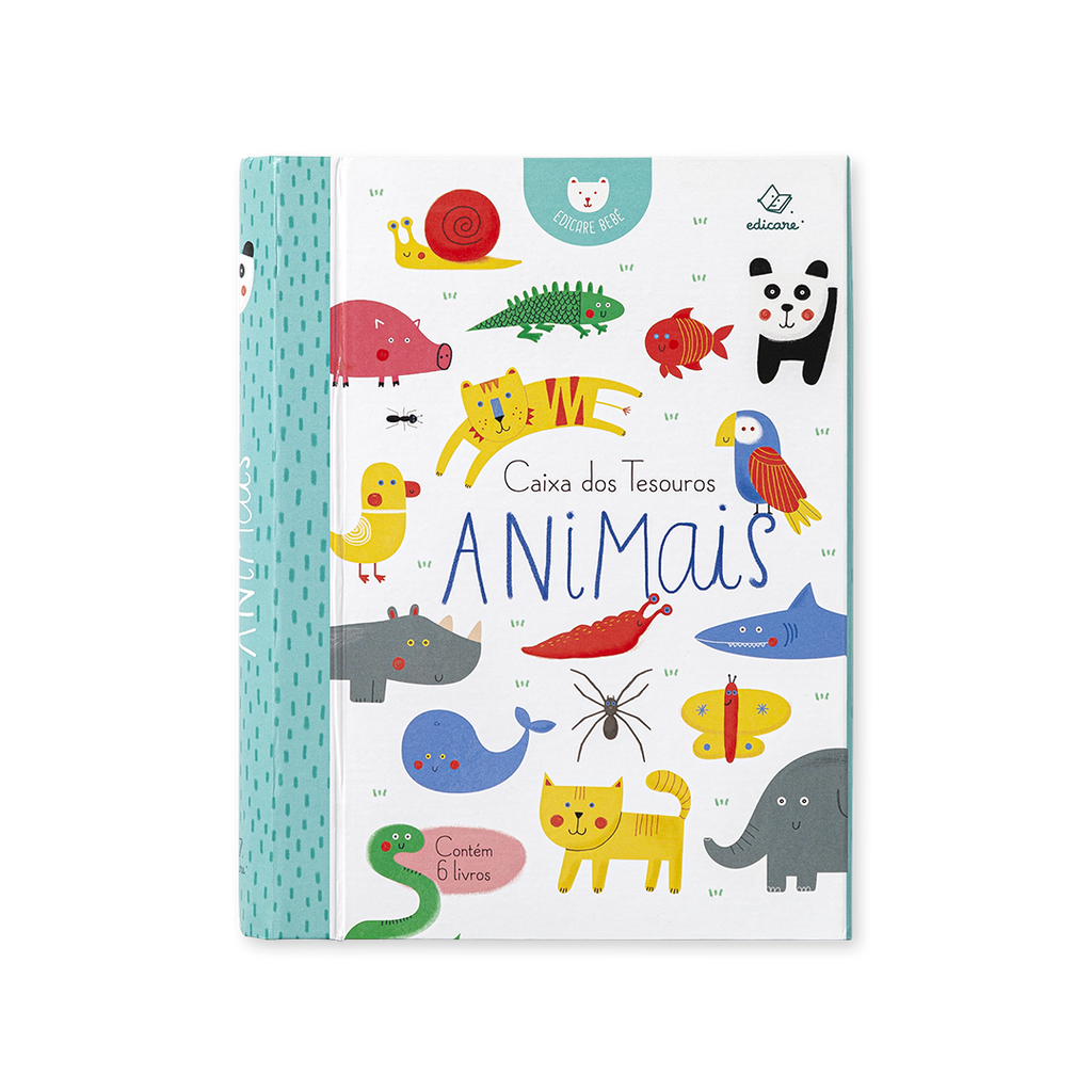 Capa da Caixa dos Tesouros Animais da Edicare com ilustrações coloridas de diversos animais.