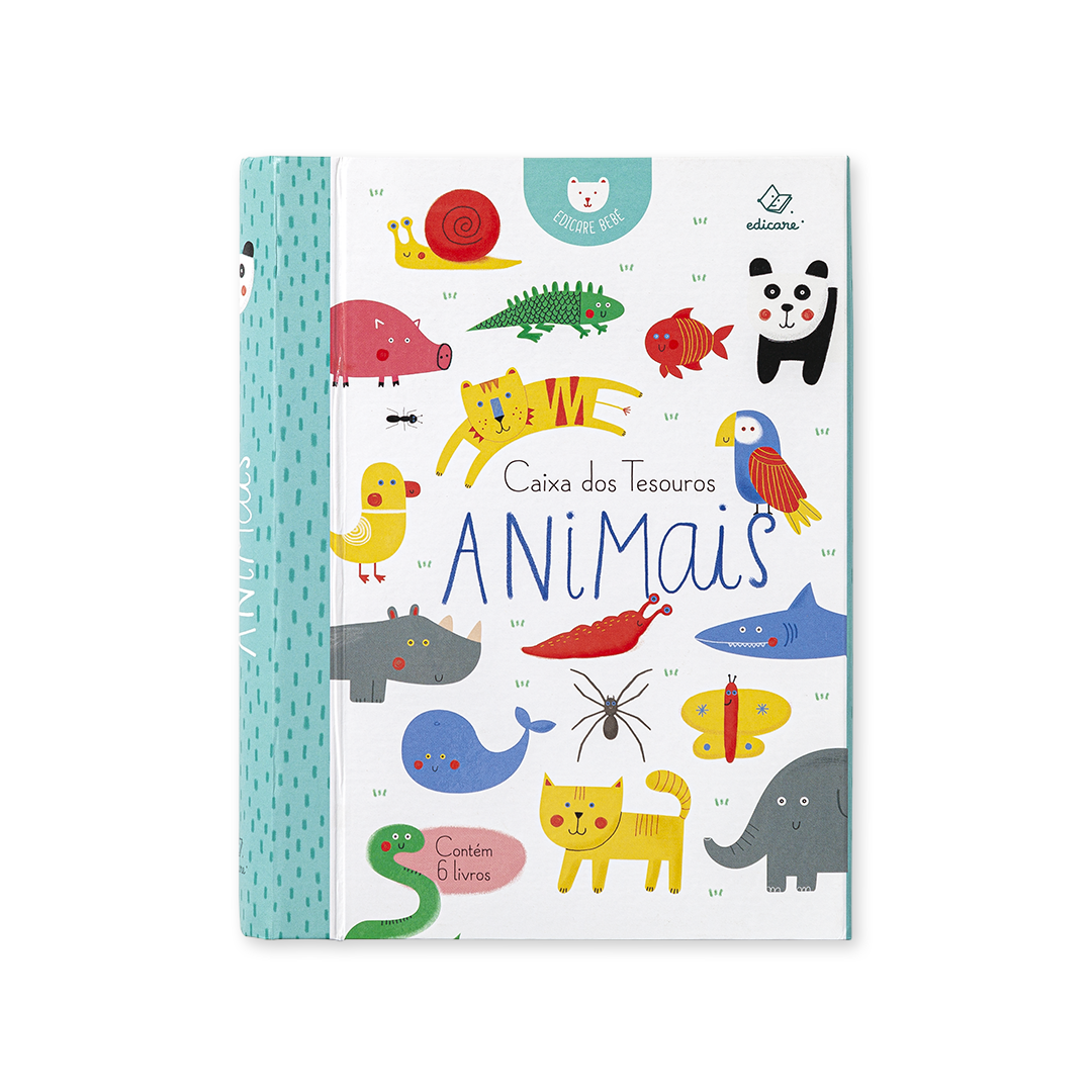 Capa da Caixa dos Tesouros Animais da Edicare com ilustrações coloridas de diversos animais.