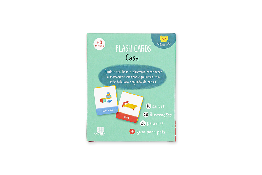 Verso da embalagem dos Flashcards Casa detalhando o conteúdo de 10 cartas e 20 ilustrações.