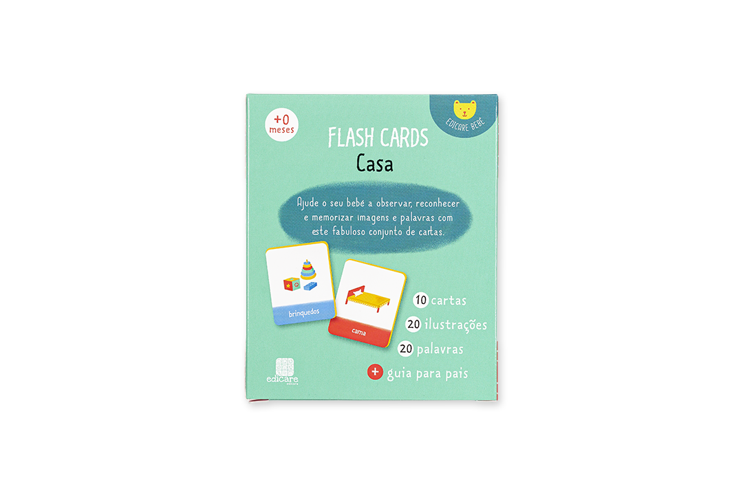 Verso da embalagem dos Flashcards Casa detalhando o conteúdo de 10 cartas e 20 ilustrações.