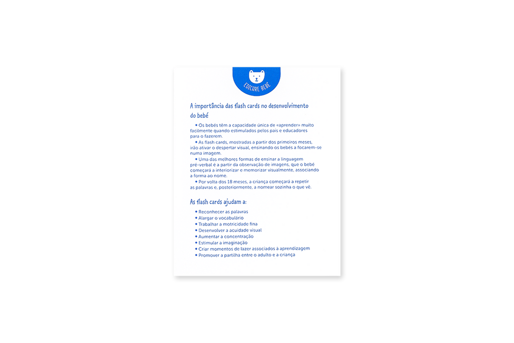 Guia informativo sobre a importância dos flashcards no desenvolvimento visual e da linguagem do bebé.