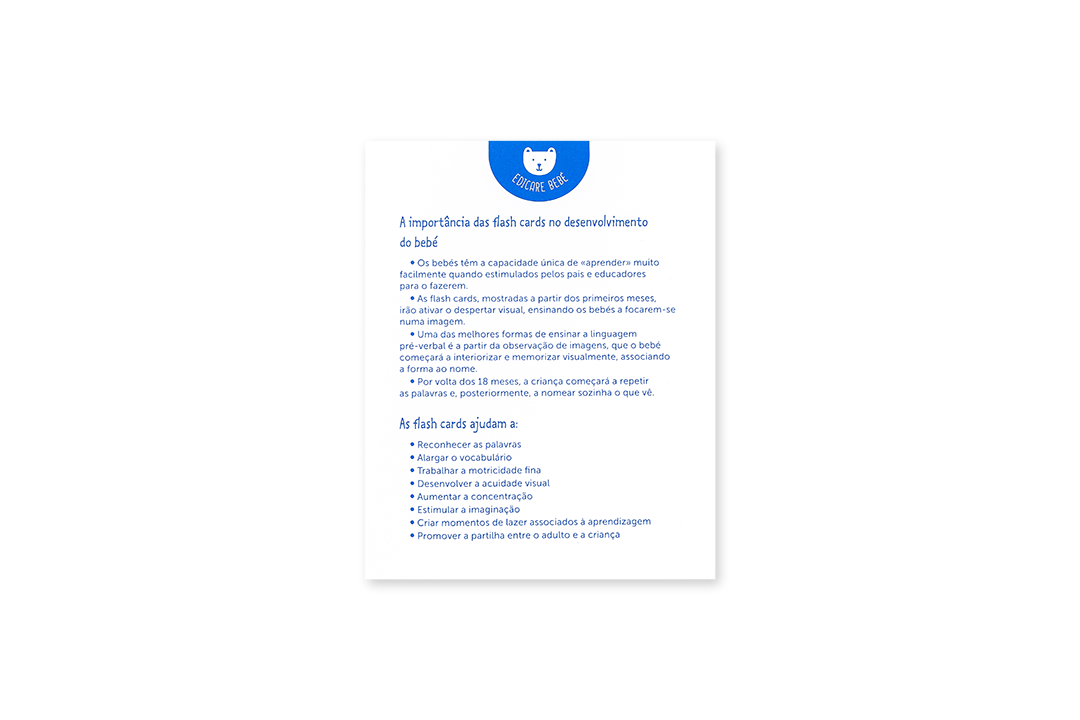 Guia informativo sobre a importância dos flashcards no desenvolvimento visual e da linguagem do bebé.