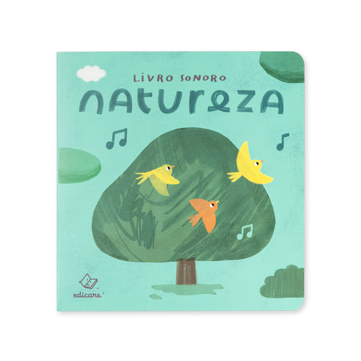 Capa do livro sonoro Natureza da Edicare com ilustracao de passaros e uma arvore.