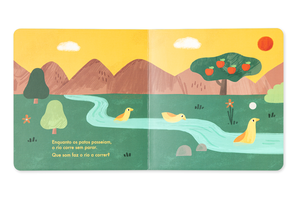 Pagina do livro Natureza com patos num rio e cores vibrantes para estimulacao visual.