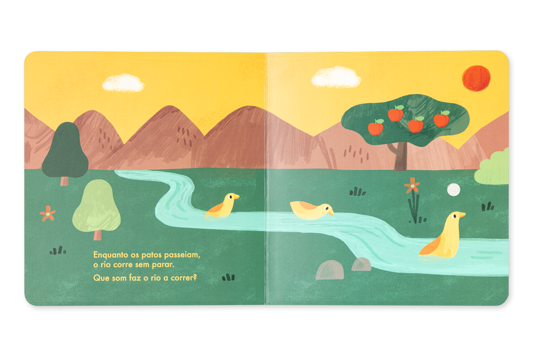 Pagina do livro Natureza com patos num rio e cores vibrantes para estimulacao visual.