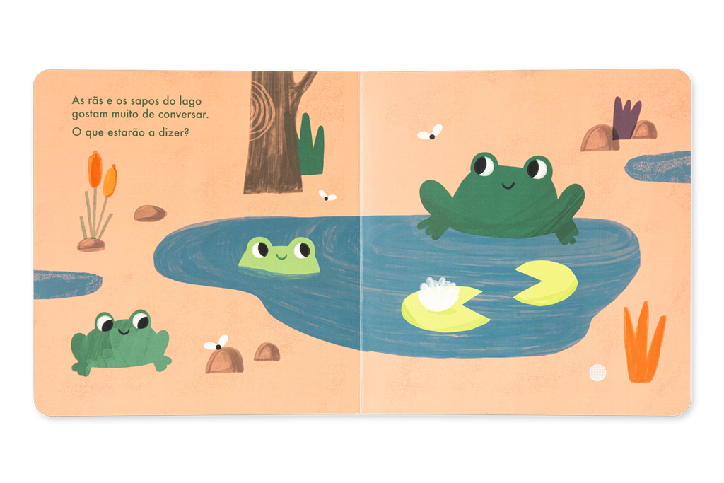 Ilustracao interior do livro Natureza mostrando ras num lago com sensores tacteis.