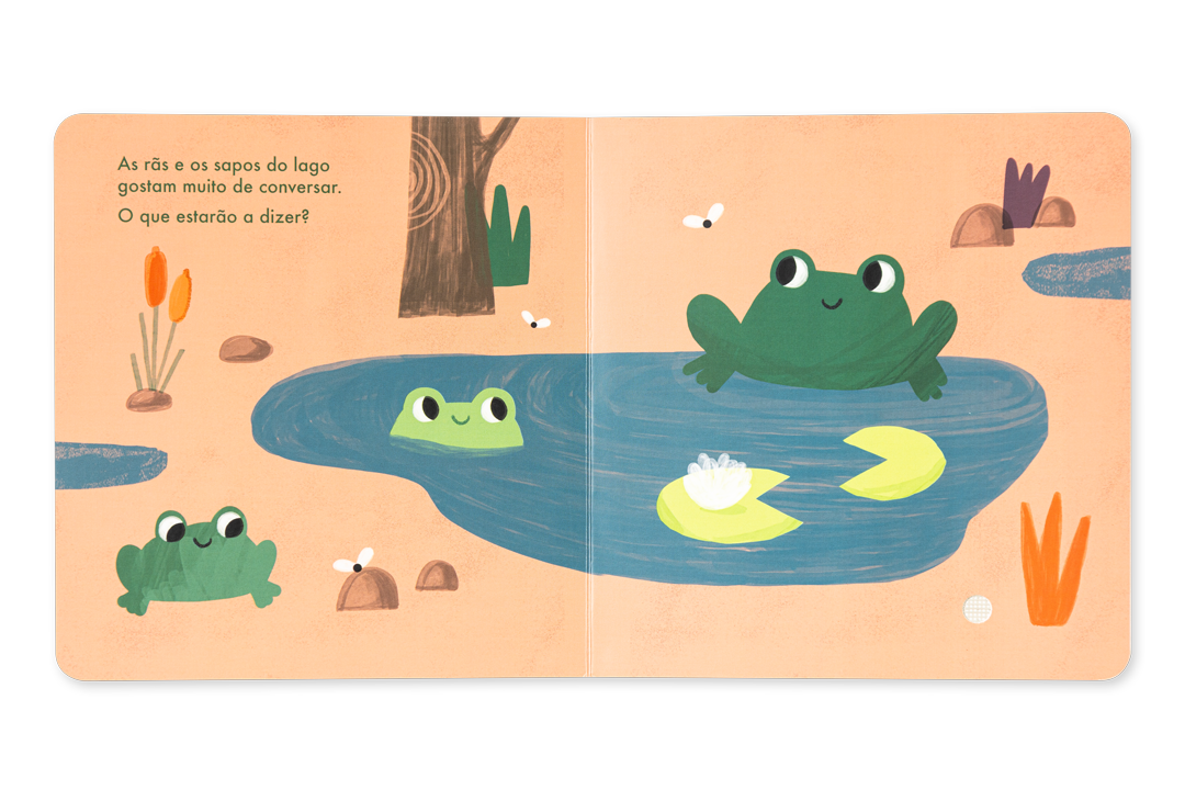 Ilustracao interior do livro Natureza mostrando ras num lago com sensores tacteis.