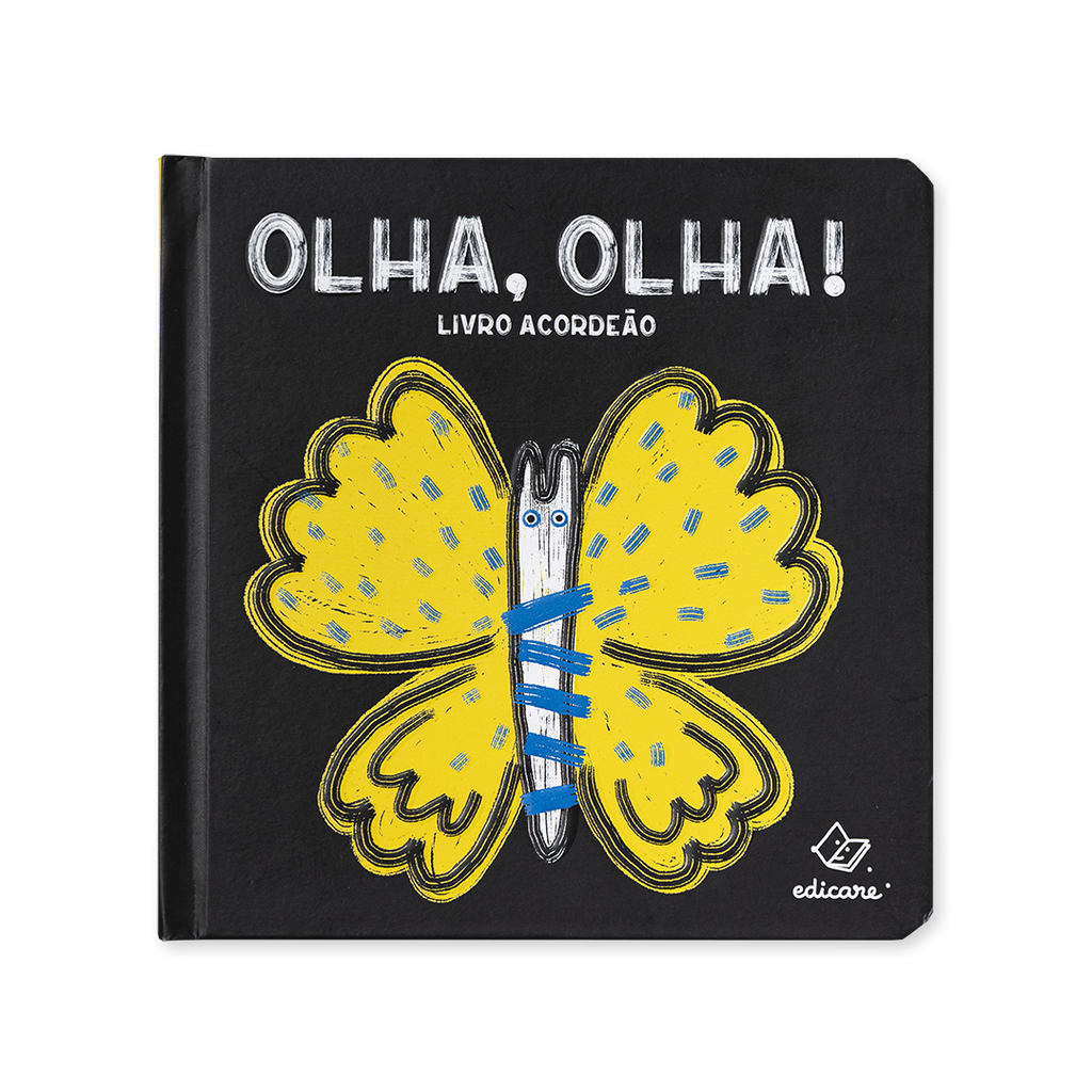 Capa do livro infantil Olha, olha! da Edicare com uma borboleta amarela sobre fundo preto.