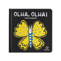 Capa do livro infantil Olha, olha! da Edicare com uma borboleta amarela sobre fundo preto.