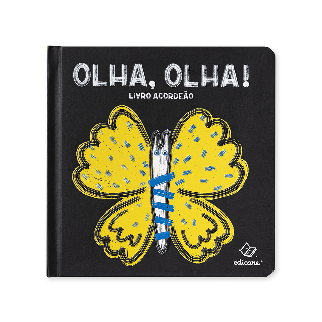 Capa do livro infantil Olha, olha! da Edicare com uma borboleta amarela sobre fundo preto.