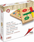 Embalagem do jogo 2-em-1 Cayro Jogo da Glória e Ludo, mostrando o tabuleiro de madeira e os nomes do jogo em várias línguas.