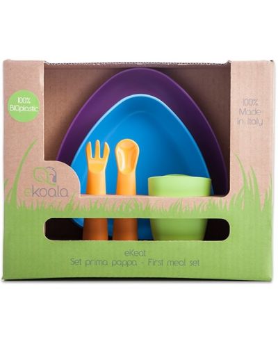 Conjunto de alimentação infantil eKoala em bioplástico vegetal com pratos, copo e talheres