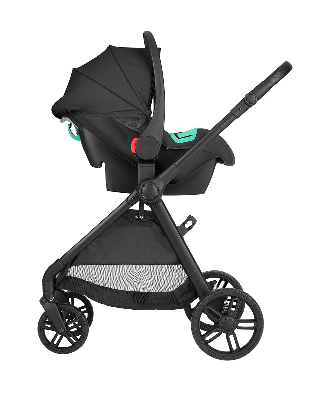 Carrinho Kikkaboo Eloe preto dobrado, pronto a arrumar na bagageira