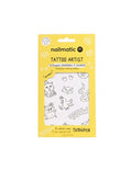 Embalagem amarela do Nailmatic Tattoo Artist mostrando desenhos de animais para colorir, como gato, galinha e raposa.