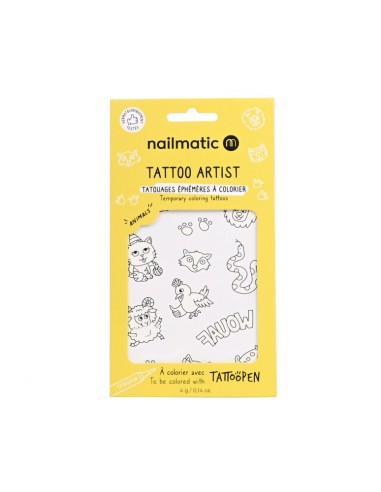 Embalagem amarela do Nailmatic Tattoo Artist mostrando desenhos de animais para colorir, como gato, galinha e raposa.