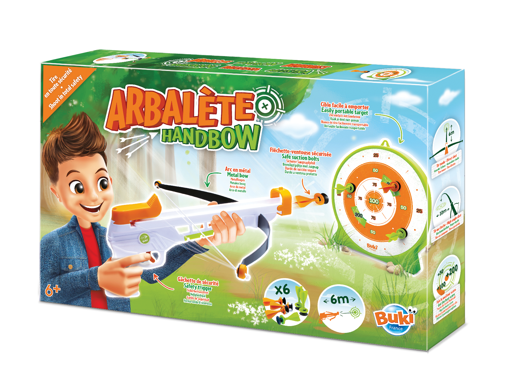 Embalagem da arbalete infantil Buki Handbow com um rapaz a segurá-la, mostrando o alvo e as 6 flechas de ventosa, com indicação de 6m de alcance e idade 6+.