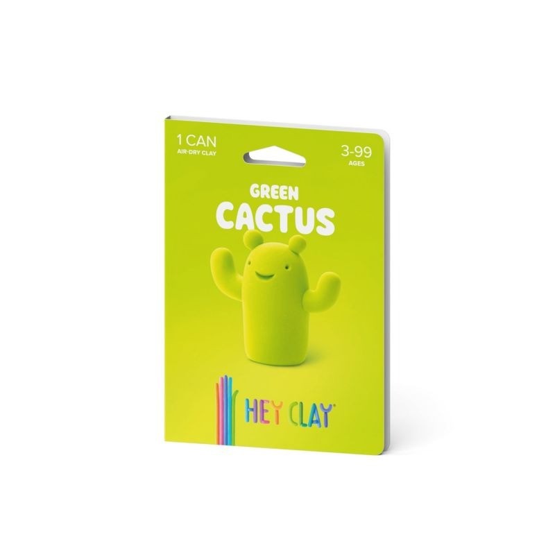 Embalagem individual de argila Hey Clay na cor verde lima, com a figura de um cato ("Green Cactus") e indicação de 1 lata e idades 3-99 anos.